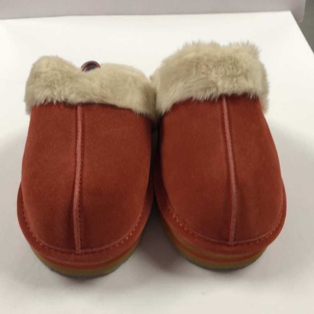 New. Clarks suede faux-fur burnt orange slippers.  Size 11 medium